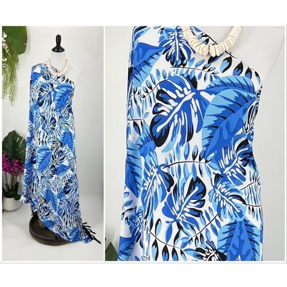 White/Black/Blue Tropical Foliage Hawaiian MAXI SARONG Kīkepa Pareo Beach Wrap - Picture 4 of 4